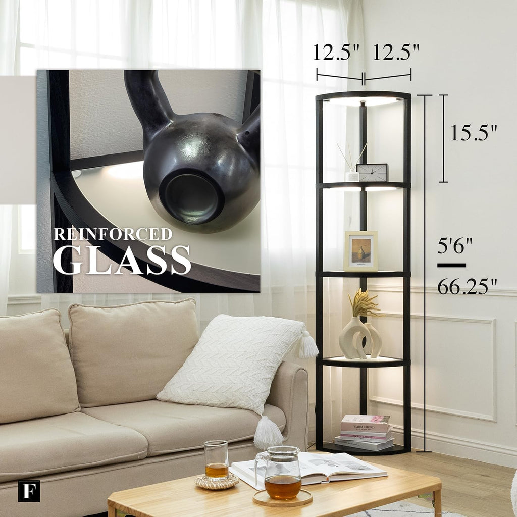 FENLO Corner Floor Lamp with Shelves, Dimmable LED Corner Shelf with Lights, Standing Lamp for Living Room, Shelf Lamp with Full Brightness Control, Color Changing Temps, and Reinforced Glass