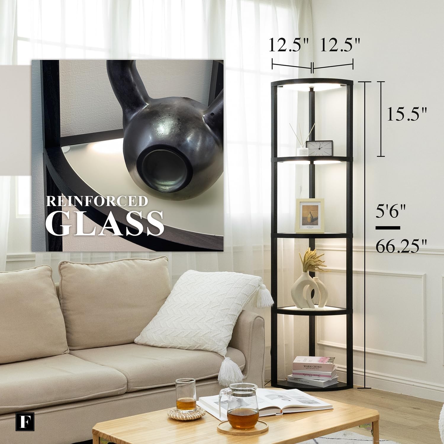 FENLO Corner Floor Lamp with Shelves, Dimmable LED Corner Shelf with Lights, Standing Lamp for Living Room, Shelf Lamp with Full Brightness Control, Color Changing Temps, and Reinforced Glass