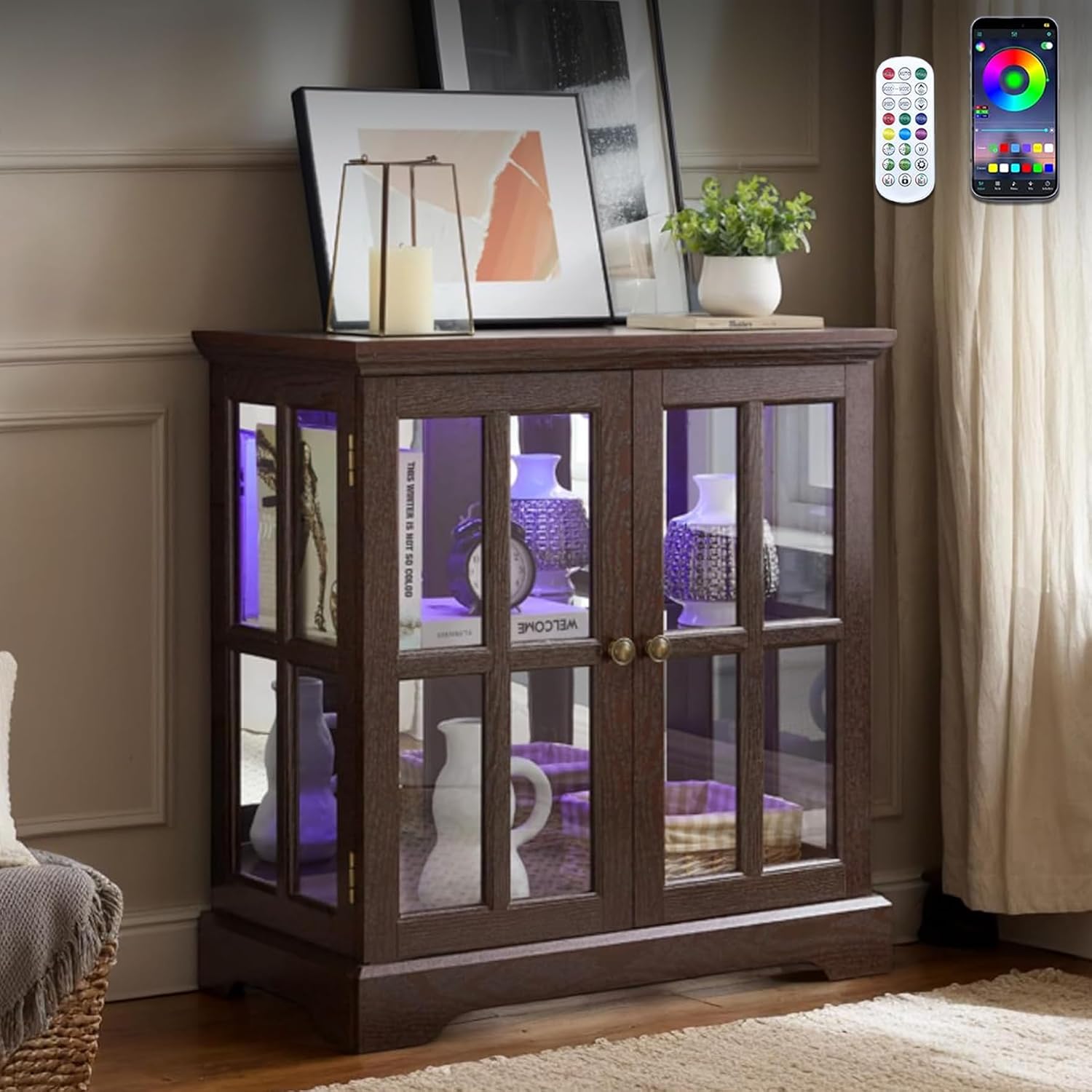 32' H LED Accent Curio Cabinet with 7 Color Lights for Collectibles, Modern Storage Cabinet with Tempered Glass Doors, Sideboard Buffet Case with Smartphone-Controlled Lights (Dark Cherry)