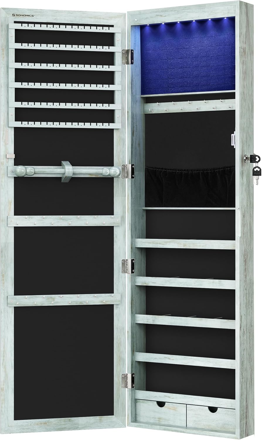 SONGMICS 6 LEDs Mirror Jewelry Cabinet, 47.2-Inch Tall Lockable Wall or Door Mounted Jewelry Armoire Organizer with Mirror, 2 Drawers, 3.9 x 14.6 x 47.2 Inches, Rustic Green UJJC93UJ