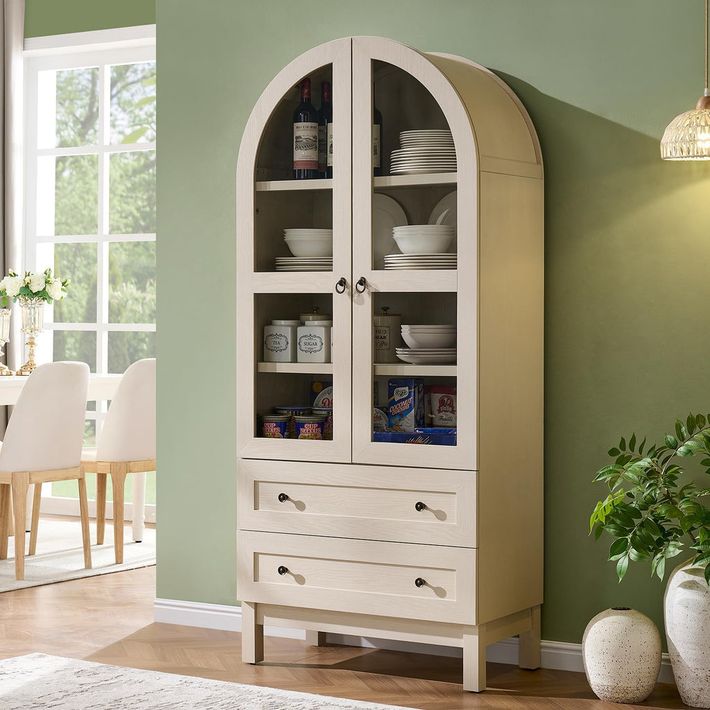 IFGET 71' Tall Arched Kitchen Pantry Cabinet, Wood Kitchens Storage Cabinets with 2 Large Drawers and Adjustable Shelves, Modern Farmhouse Versatile Cupboard for Kitchen, Dining Room, Bathroom, Cream