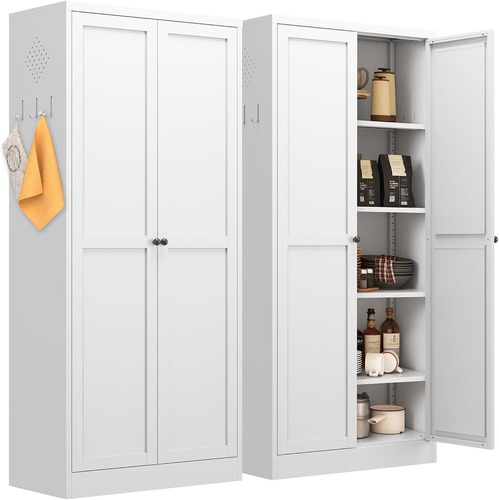 61' Kitchen Pantry Cabinet with 2 Doors and 4 Shelves,White Metal Garage Storage Cabinets,Freestanding Steel Tool Cabinet Utility Cabinets Cupboard for Kitchen,Living,Dining Room,Bathroom