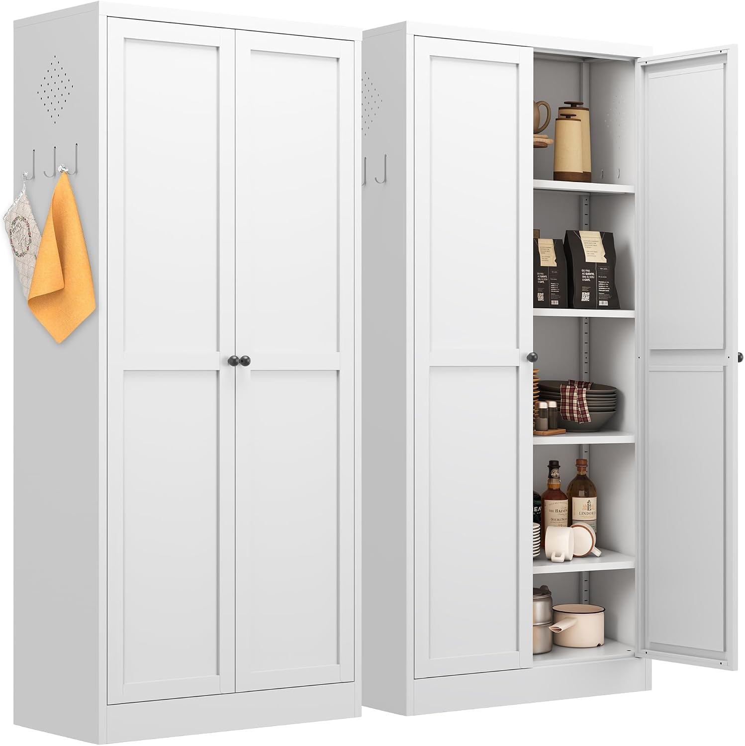 61' Kitchen Pantry Cabinet with 2 Doors and 4 Shelves,White Metal Garage Storage Cabinets,Freestanding Steel Tool Cabinet Utility Cabinets Cupboard for Kitchen,Living,Dining Room,Bathroom
