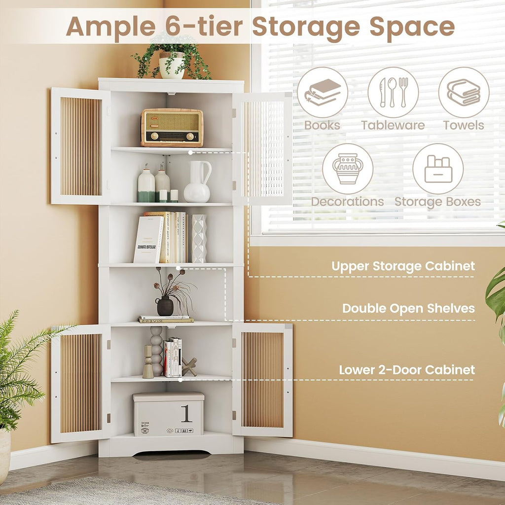 Giantex 67' Tall Corner Cabinet, Space-Saving Triangular Storage Cabinet w/ 4 Tempered Glass Doors, Adjustable Shelves, Freestanding Corner Shelf for Bathroom, Kitchen, Living Room (White)