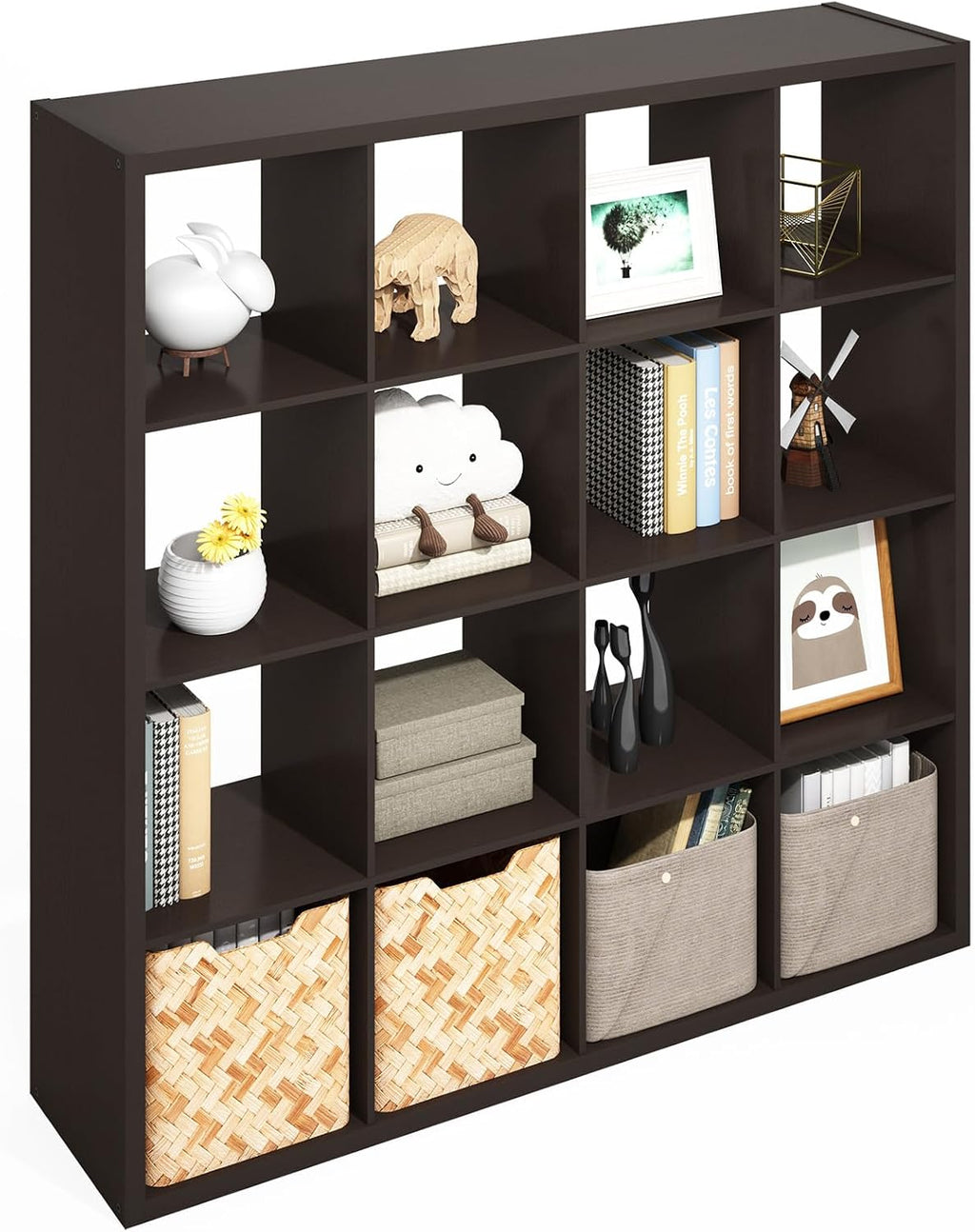 Furinno Simple Cube Storage Organizer, 16-Cube Display Shelf, Open Back Shelving Unit, Storage Shelves, Extra Thick Frame, for Organization and Storage, Living Room, Home Office, Dark Oak