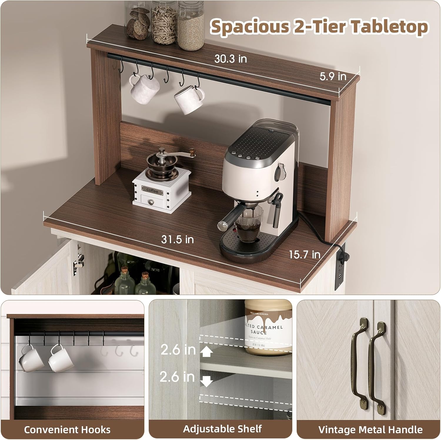 Farmhouse Coffee Bar Cabinet with Charging Station, 31.5' Kitchen Coffee Station, Coffee Bar Table with Storage, Adjustable Shelf and 6 Hooks, Buffet Cabinet for Living Room, Dining Room, White