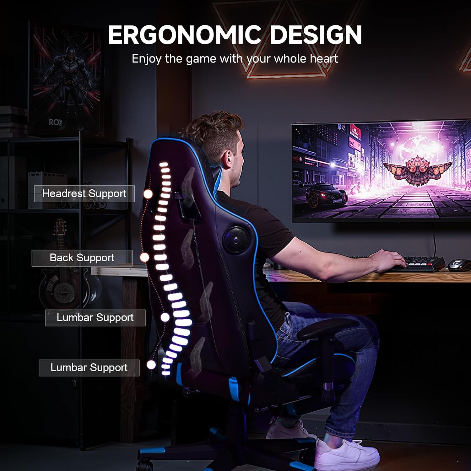 GTPLAYER Gaming Chair,Gamer Chair with Bluetooth and Adjustable Backrest,Seat Height Adjustable Computer Chairs with 3D Armrests,Video Game Chair with Footrest Speakers (Blue)