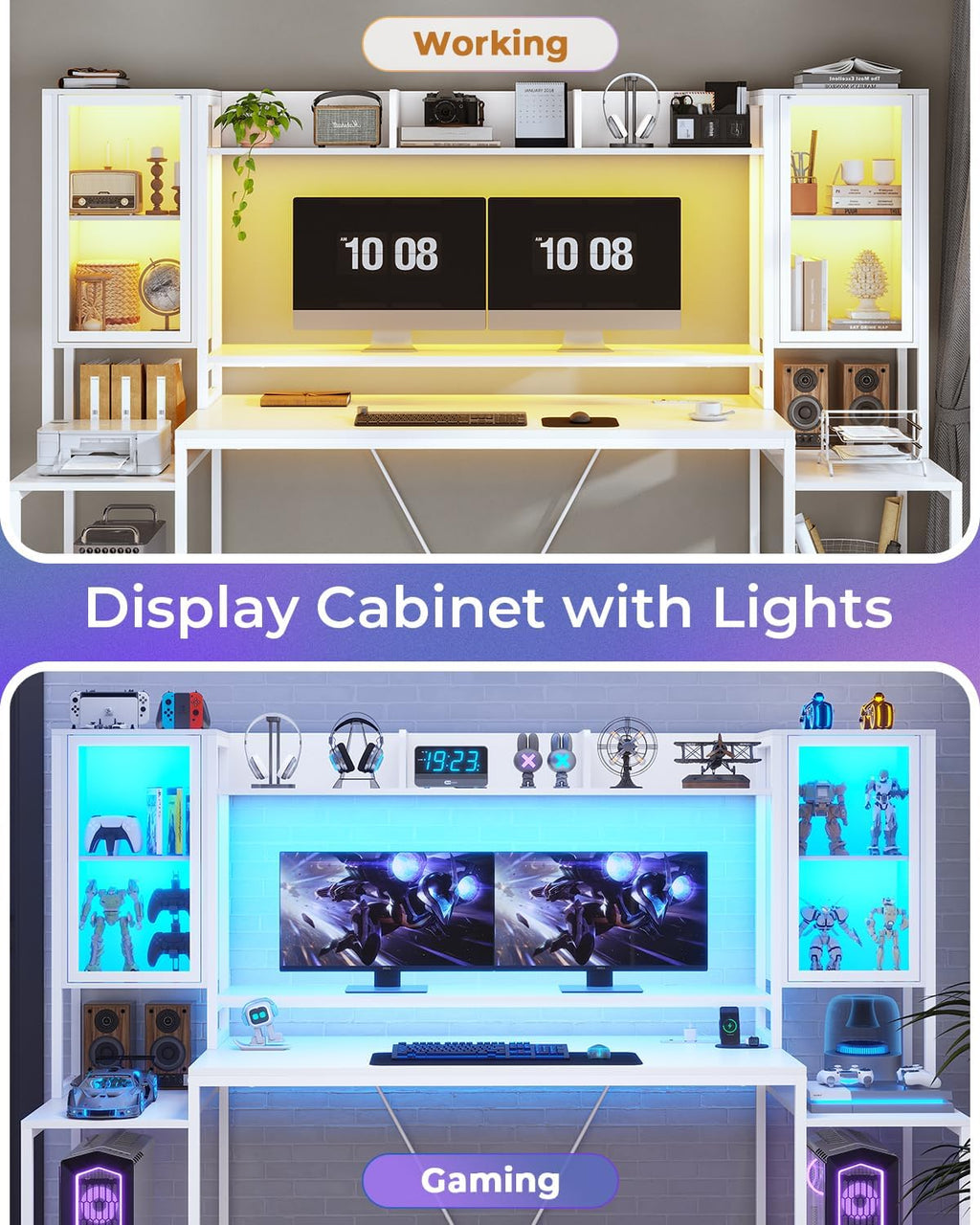 SEDETA Gaming Desk 74.8'' with LED Lights, Hutch and Storage Shelves, Computer Desk with Monitor Stand, Large PC Gamer Desk Workstation, Ergonomic Gaming Table for Bedroom, Living Room, White