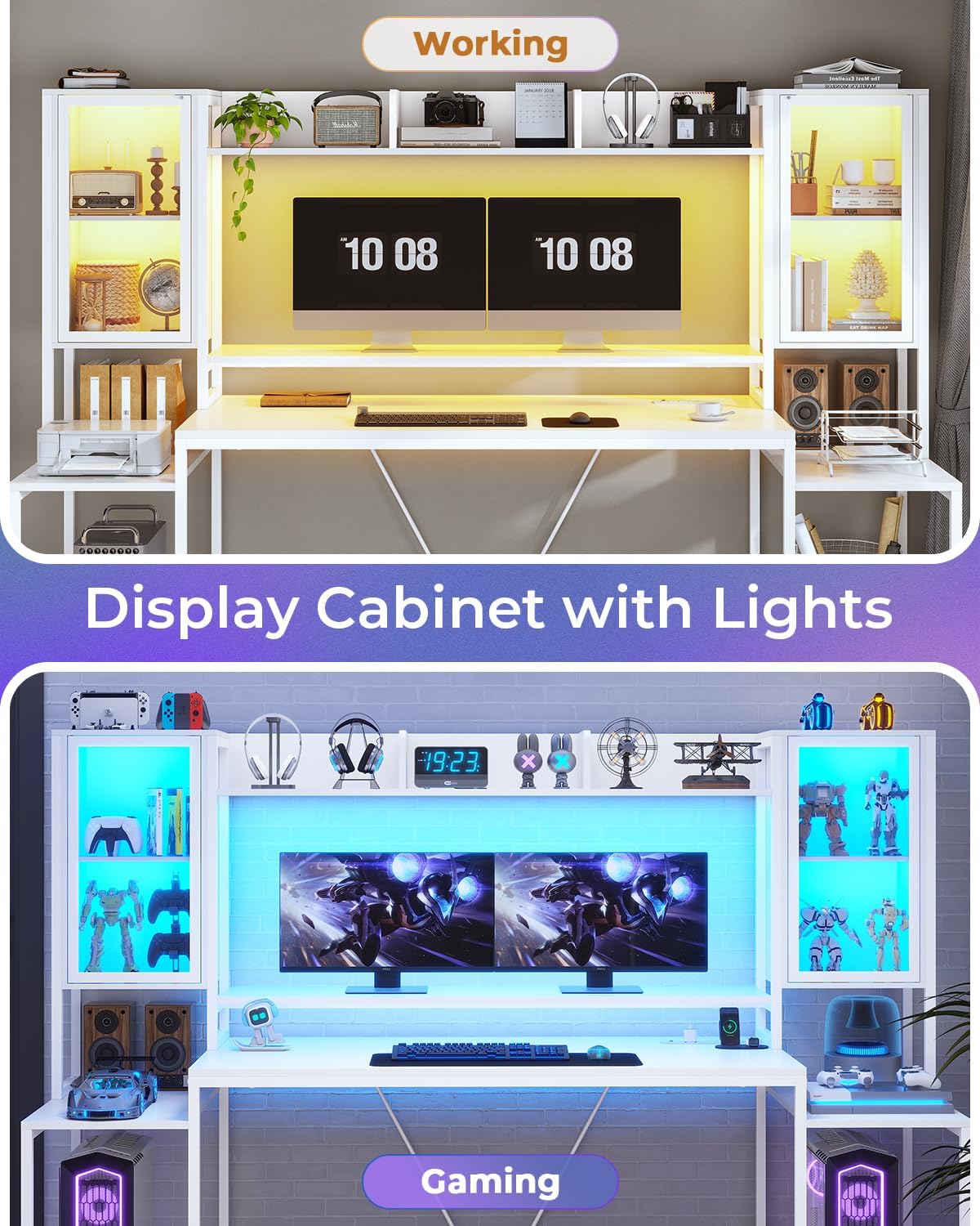 SEDETA Gaming Desk 74.8'' with LED Lights, Hutch and Storage Shelves, Computer Desk with Monitor Stand, Large PC Gamer Desk Workstation, Ergonomic Gaming Table for Bedroom, Living Room, White