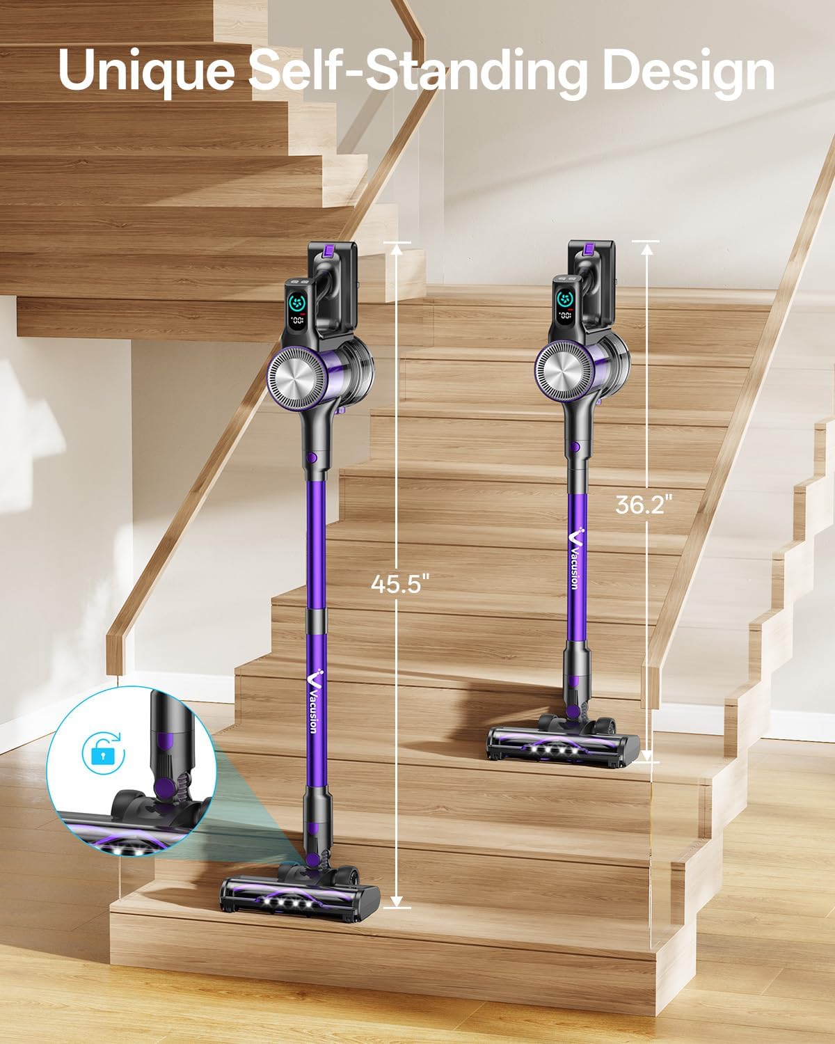 Cordless Vacuum Cleaner, 8-in-1 Cordless Stick Vacuum Cleaner with 3 Suction Modes, Up to 45mins Runtime, Rechargeable, Self-Standing, Vacuum Cleaners for Home Pet Hair Carpet Car Hard Floor, Purple