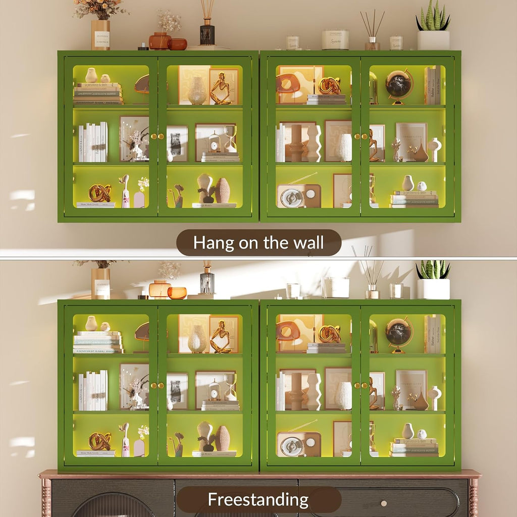 Bathroom Wall Cabinet with 13-Color Light, Wall Mounted 3-Sided Glass Display Cabinet with Adjustable Shelves, Floating Metal Medicine Storage Cabinet for Kitchen Living Room - Green