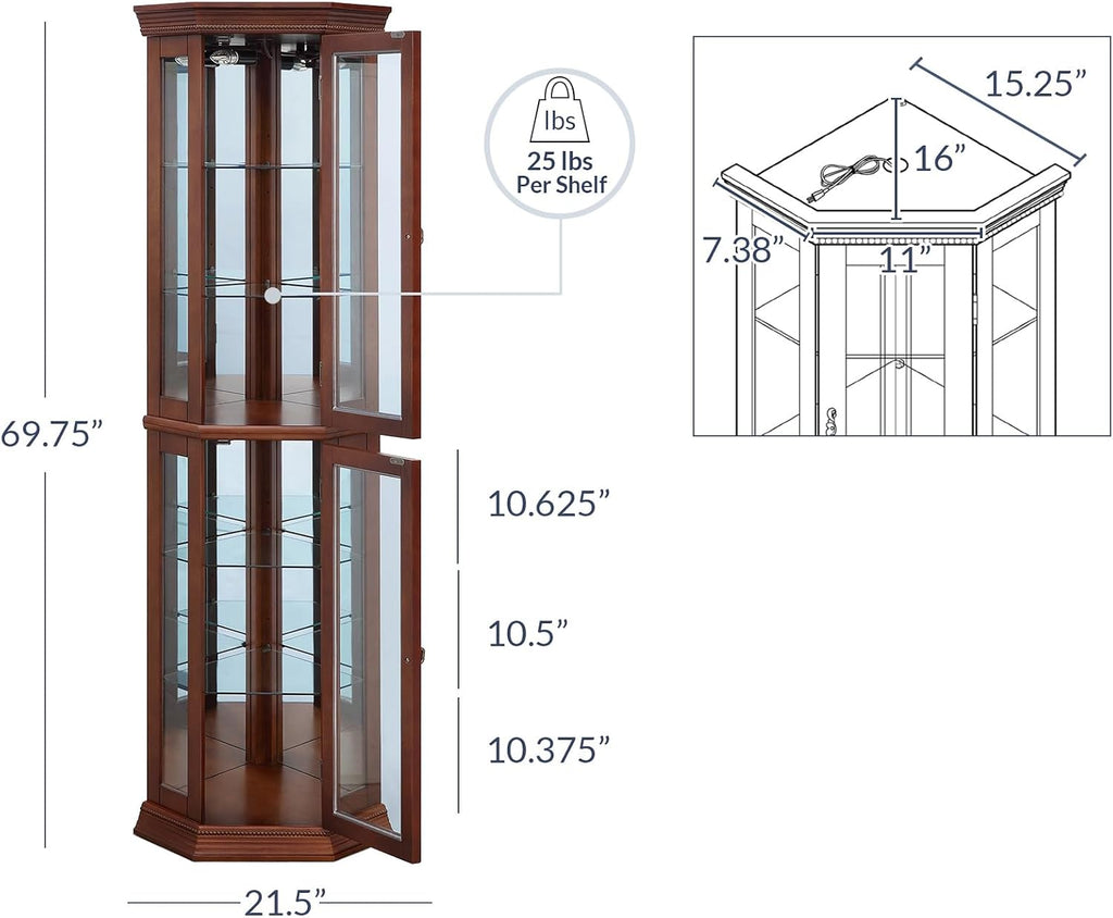 BELLEZE Lighted Wooden Corner Display Curio Cabinet, Two Section Shelving Unit with Tempered Glass Door, Bar and Liquor Storage Area with 6 Shelves - Lorona (Walnut)
