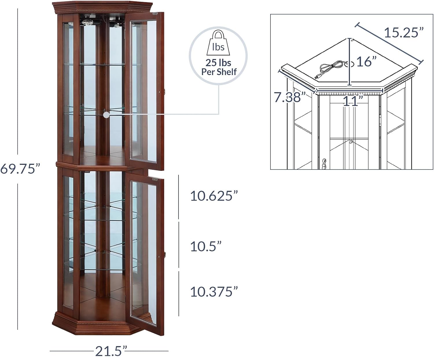 BELLEZE Lighted Wooden Corner Display Curio Cabinet, Two Section Shelving Unit with Tempered Glass Door, Bar and Liquor Storage Area with 6 Shelves - Lorona (Walnut)