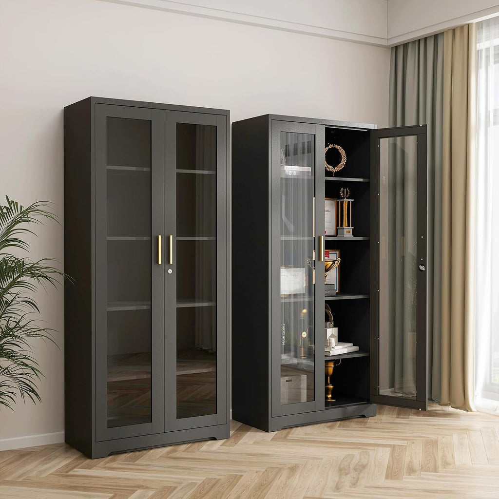 Glass Display Cabinet, 71' Tall Metal Curio Cabinet with Glass Doors, Black Display Case, Storage Cabinets with 4 Adjustable Shelves, Locking Storage Cases for Hallway, Kitchen, Living Room