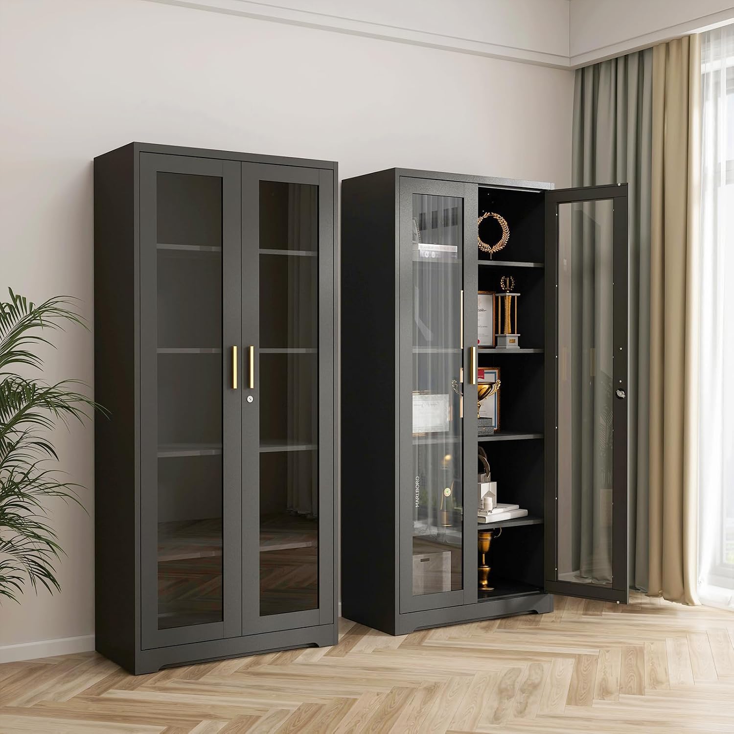 Glass Display Cabinet, 71' Tall Metal Curio Cabinet with Glass Doors, Black Display Case, Storage Cabinets with 4 Adjustable Shelves, Locking Storage Cases for Hallway, Kitchen, Living Room