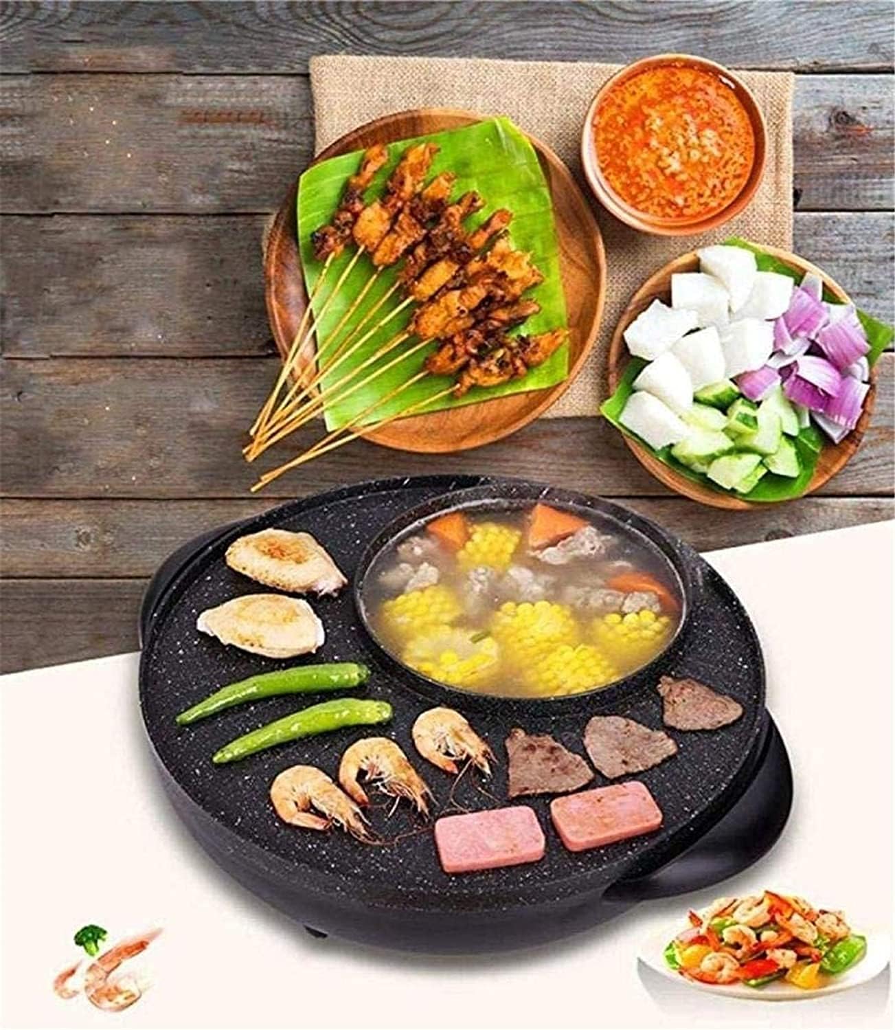 Electric BBQ Grill Indoor BBQ Grill and Hot Pot,Multi-Function Barbecue Hot Pot Double Pot Electric Grill Home Electric Baking Tray 1500W [Energy Class A],Portable Nonstick Griddle