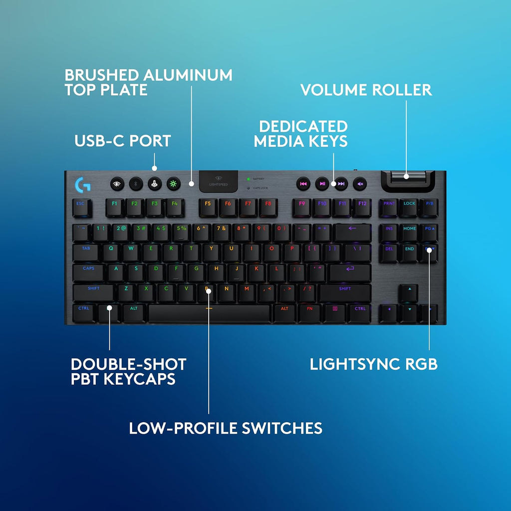 Logitech G915 X Lightspeed TKL Low-Profile Wireless Gaming Keyboard, Double-Shot PBT Keycaps, Fully Programmable Keys, RGB Backlighting, Sleek Aluminum Finishing, GL Blue Clicky - PC/Mac - Black
