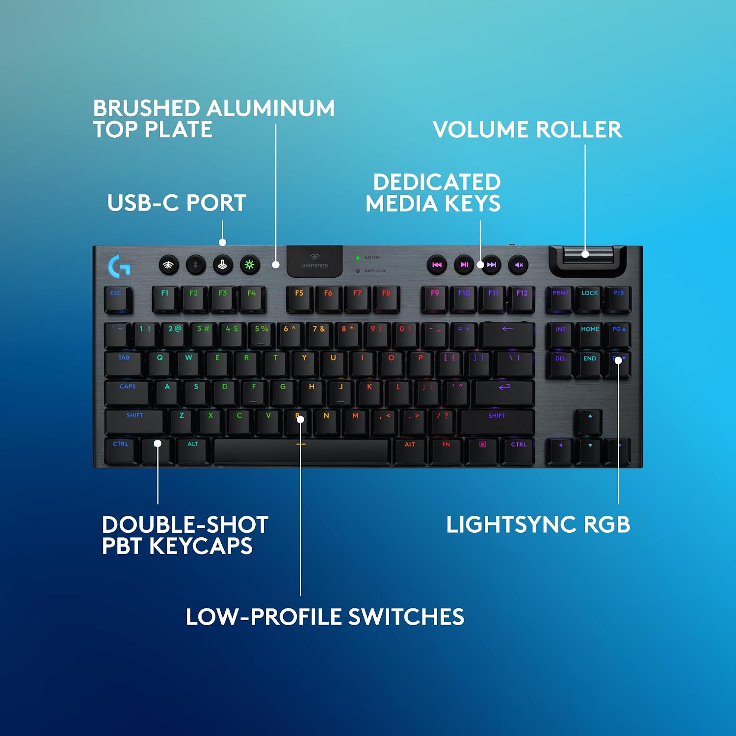 Logitech G915 X Lightspeed TKL Low-Profile Wireless Gaming Keyboard, Double-Shot PBT Keycaps, Fully Programmable Keys, RGB Backlighting, Sleek Aluminum Finishing, GL Blue Clicky - PC/Mac - Black