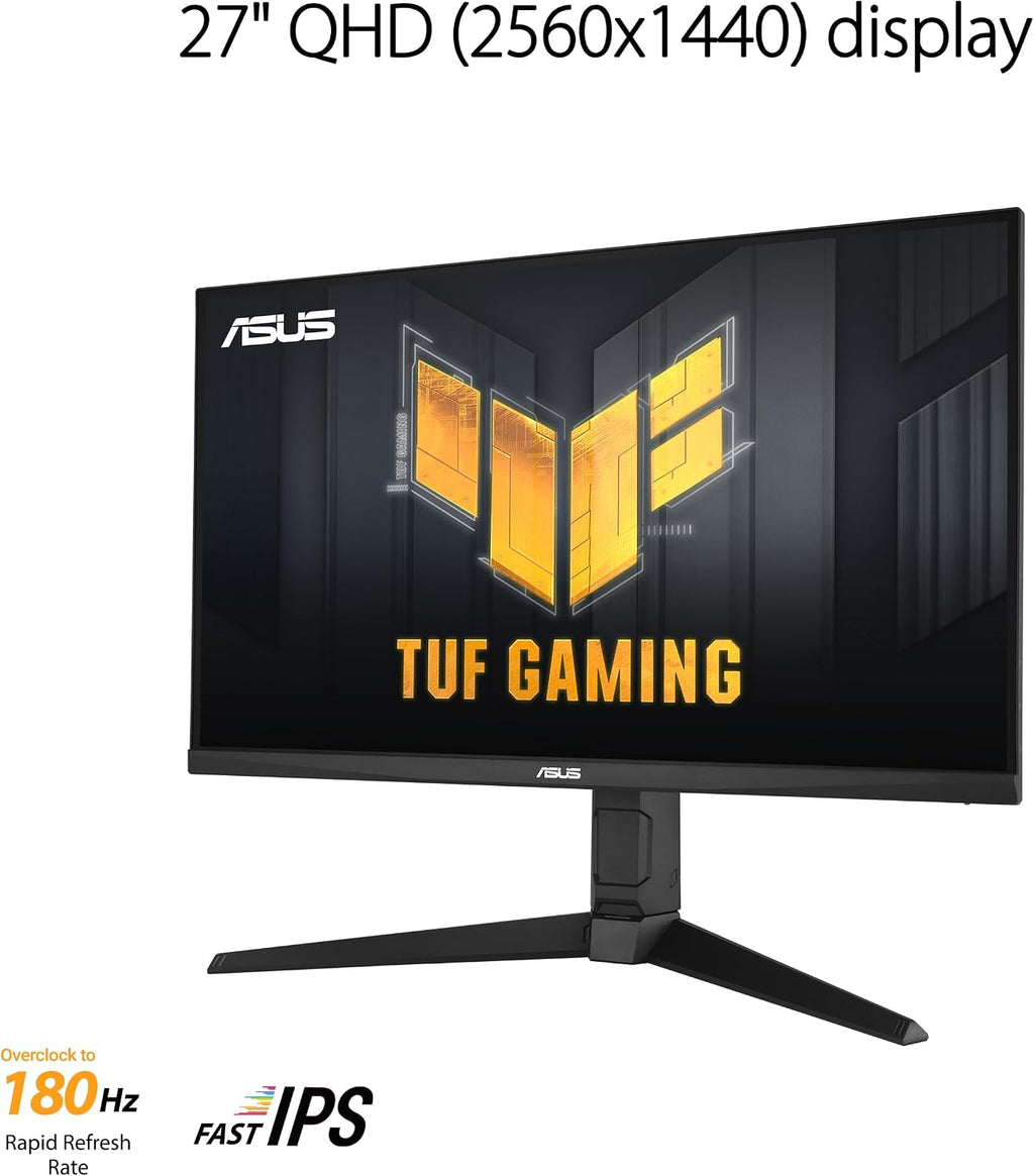 ASUS TUF Gaming 27' 1440P Monitor (VG27AQL3A) - QHD (2560 x 1440), 180Hz, 1ms, Fast IPS, Extreme Low Motion Blur SYNC, G-SYNC Compatible, Freesync Premium, 130% sRGB, DisplayHDR 400, 3 Year Warranty