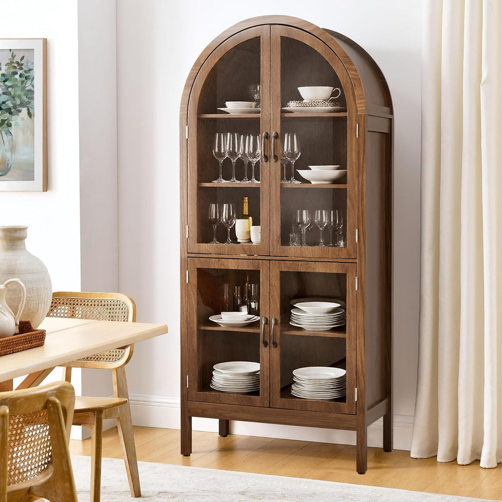 Lxsxlome 70.9'' Tall Arched Display Cabinet with Acrylic Glass Doors, Modern 5-Tier Arched Bookcase, Kitchen Pantry Storage Cabinet Curio Cabinets for Living Dining Room (Walnut, 31.5''W)