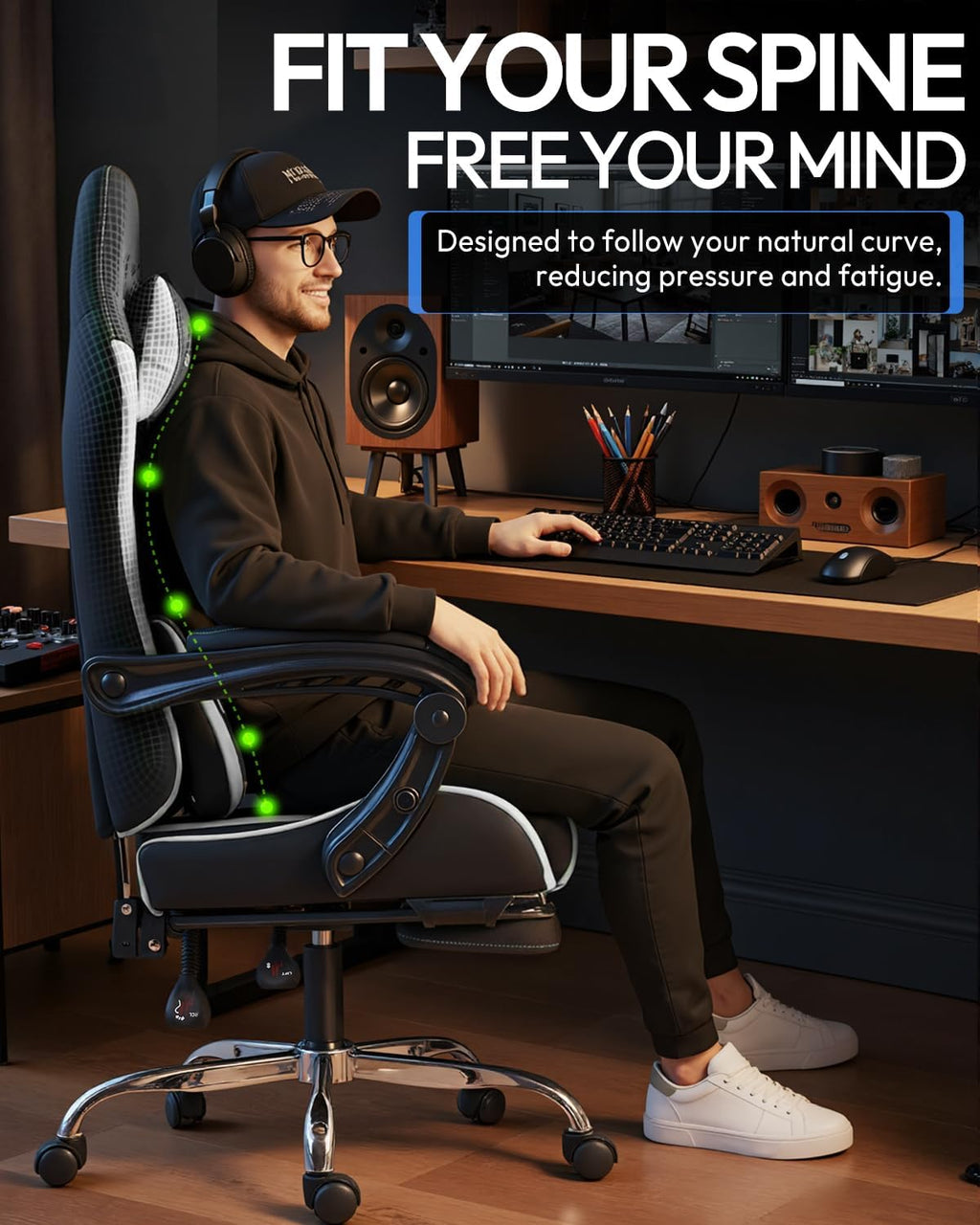 Dowinx Ergonomic Gaming Chair with Footrest & Massage Lumbar, 2D-Linkage Armrests for Computer Chair 330lbs with Headrest Pillow for Office, Home, Streaming and Long Gaming Sessions, White