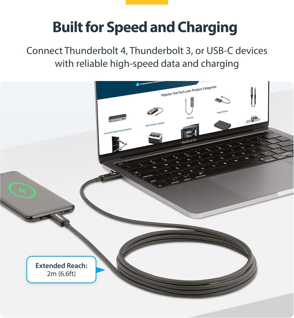 StarTech.com 6ft (2m) Active Thunderbolt 4 Cable - 40Gbps - 100W PD - 4K/8K Video - Thunderbolt Cable - Compatible w/USB4/DP Alt Mode, Thunderbolt 3, USB 3.2/Type-C (A40G2MB-TB4-CABLE)