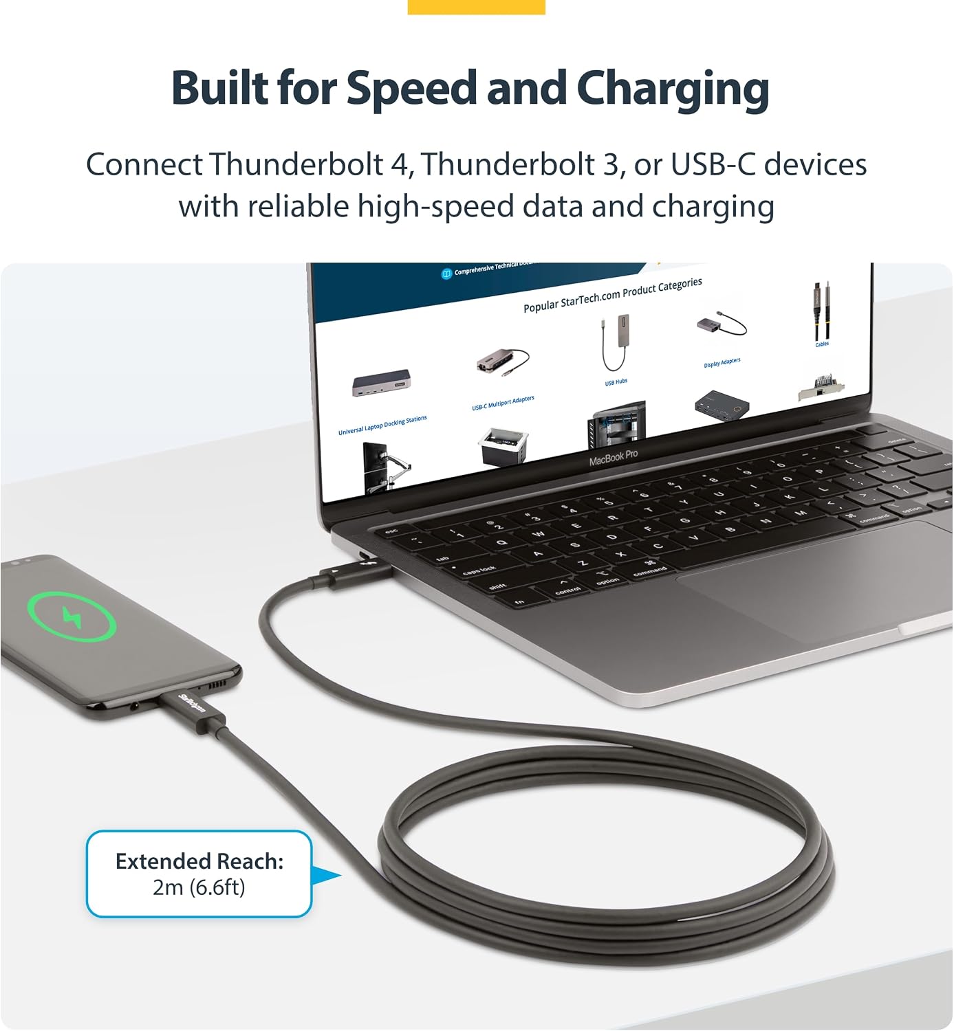 StarTech.com 6ft (2m) Active Thunderbolt 4 Cable - 40Gbps - 100W PD - 4K/8K Video - Thunderbolt Cable - Compatible w/USB4/DP Alt Mode, Thunderbolt 3, USB 3.2/Type-C (A40G2MB-TB4-CABLE)