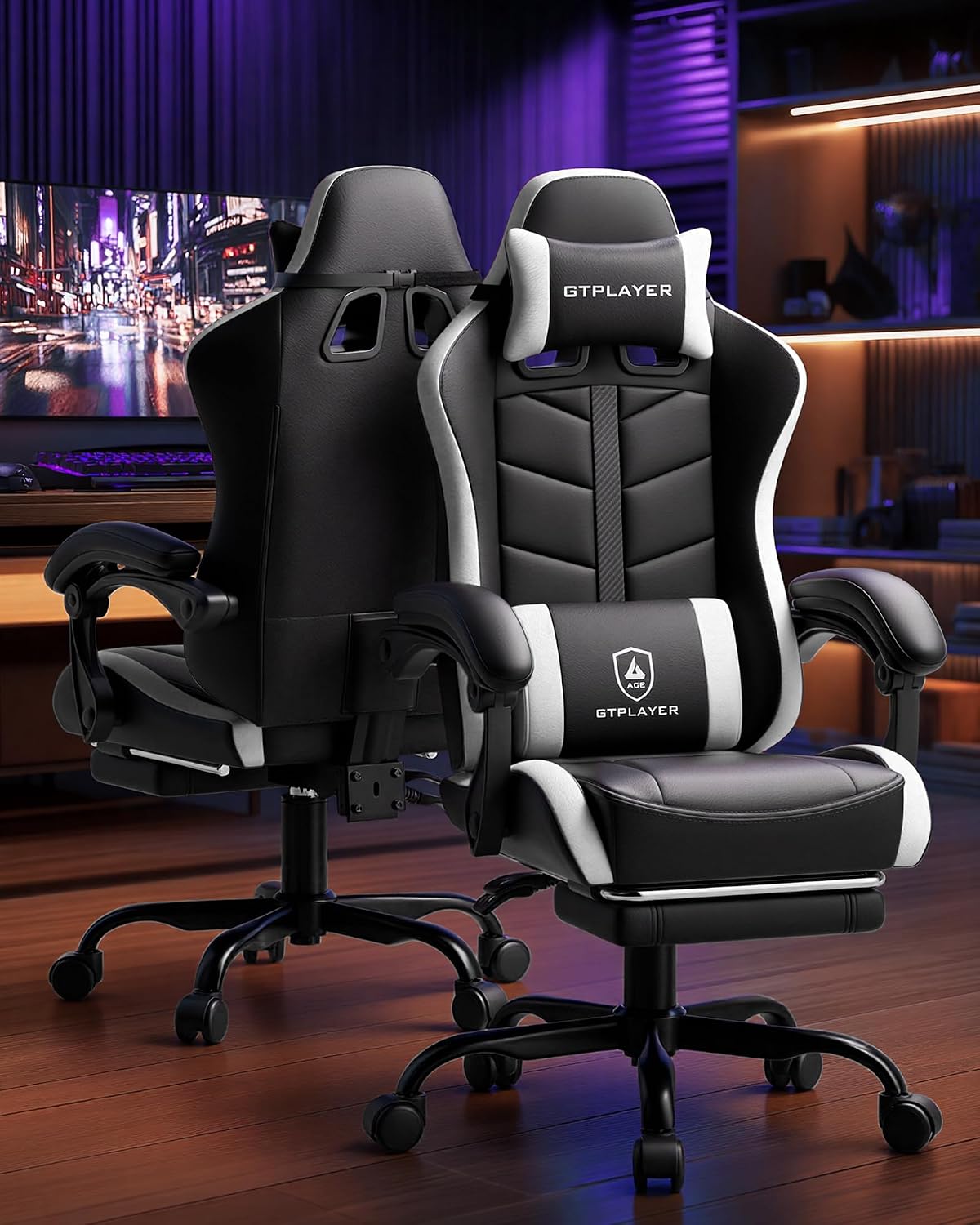 GTPLAYER Gaming Chair, Computer Gaming Chairs for Adults with Footrest, Height Adjustable PC Game Chair with 90-155° Recline & Removable Headrest Lumbar Support, Black-White
