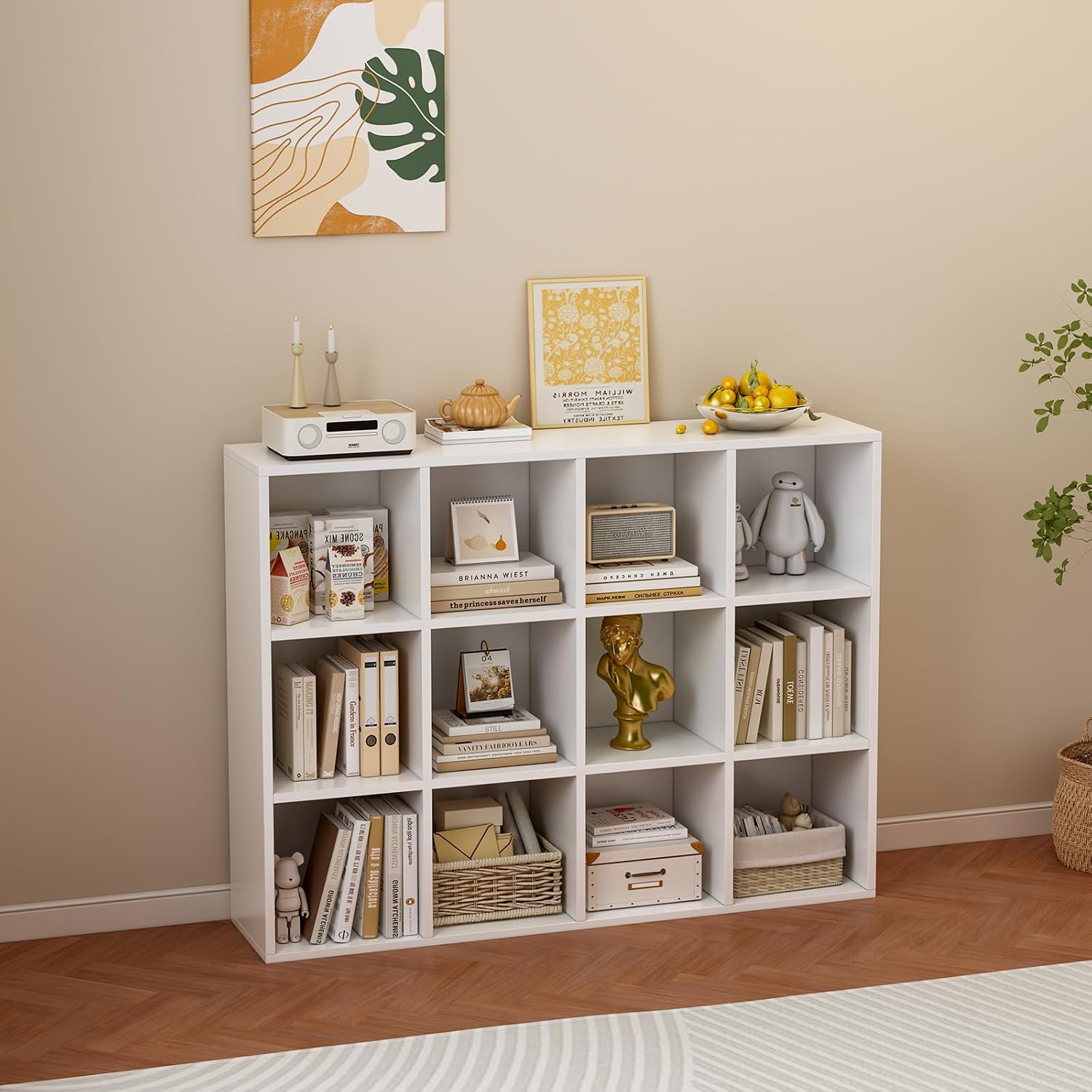 OSCHF 12-Cube Storage Shelf Bookcase - Wooden 3-Tier Floor Standing Open Bookshelf for Home and Office, Display Cabinet, Warm White