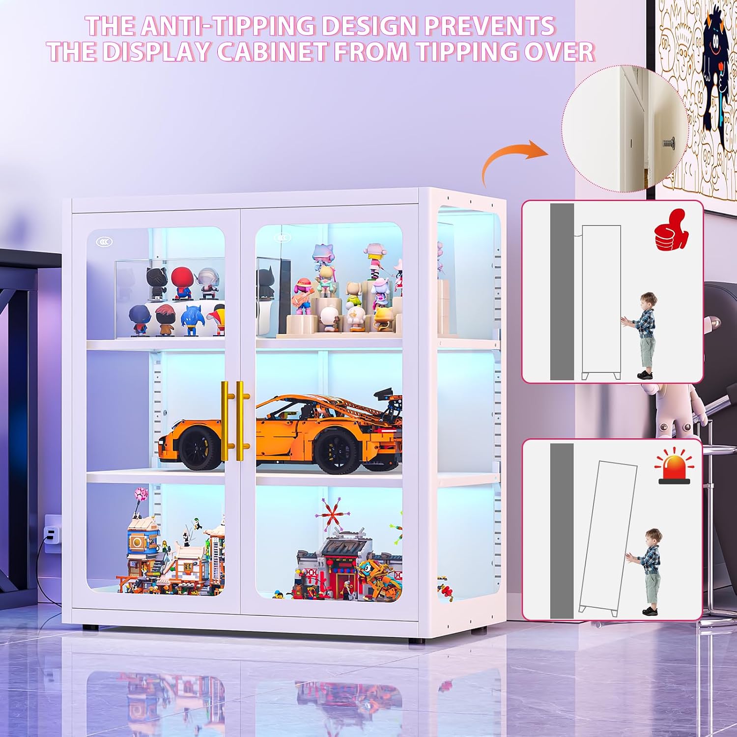 34' Display Cabinet with Glass Doors, 4-Tier Curio Cabinet with Many Color Lights for Collectibles, Glass Display Case, Bookcase with 4 Shelves, Storage Cabinets, White