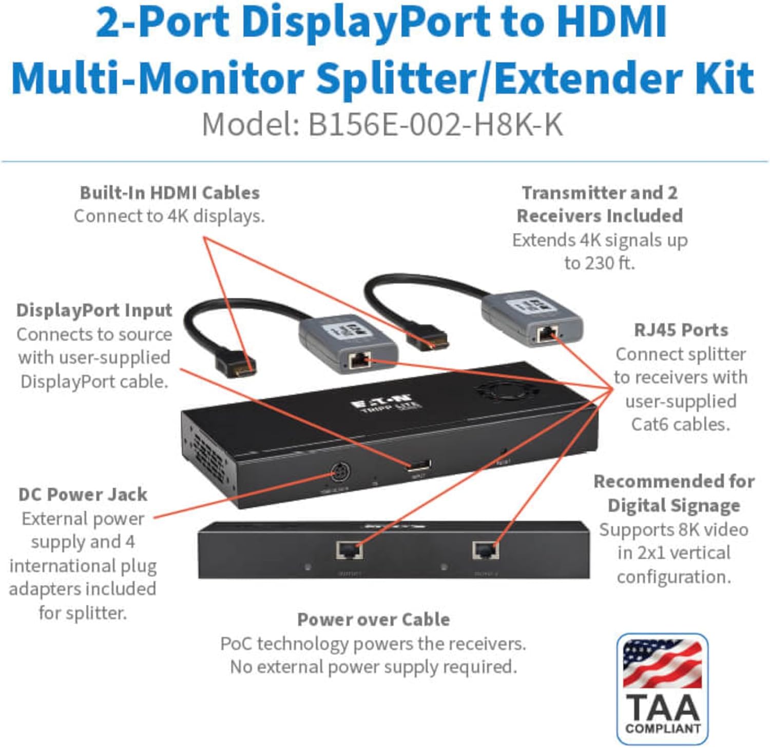 Tripp Lite Series 2-Port DisplayPort to HDMI Splitter + Extender Over Ethernet Cat6, Up to 8K@60Hz Video, 1 in 2 Out, DP 1.4, MST Hub, TAA Compliant, Plug-and-Play, 1-Year Warranty (B156E-002-H8K-K)