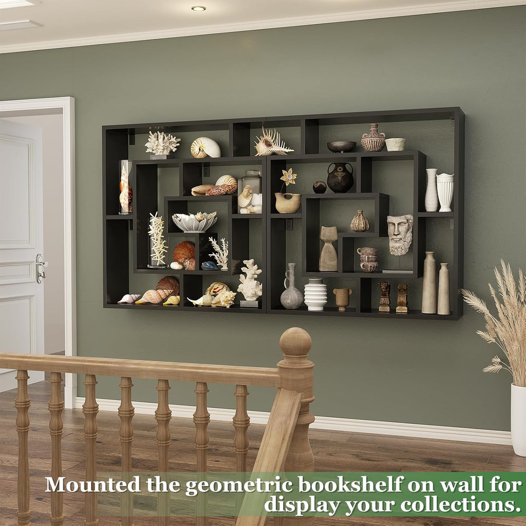 Armocity 5 Tier Display Book Shelf Wall Mounted Bookshelf Freestanding Geometric Bookcase Floating Book Shelves for Wall Bedroom Living Room Home Office, 45.5'(W) * 47'(H), Black