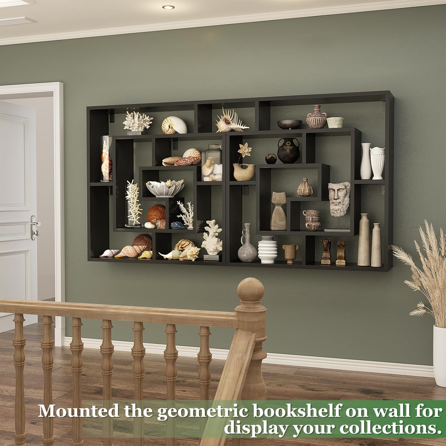 Armocity 5 Tier Display Book Shelf Wall Mounted Bookshelf Freestanding Geometric Bookcase Floating Book Shelves for Wall Bedroom Living Room Home Office, 45.5'(W) * 47'(H), Black