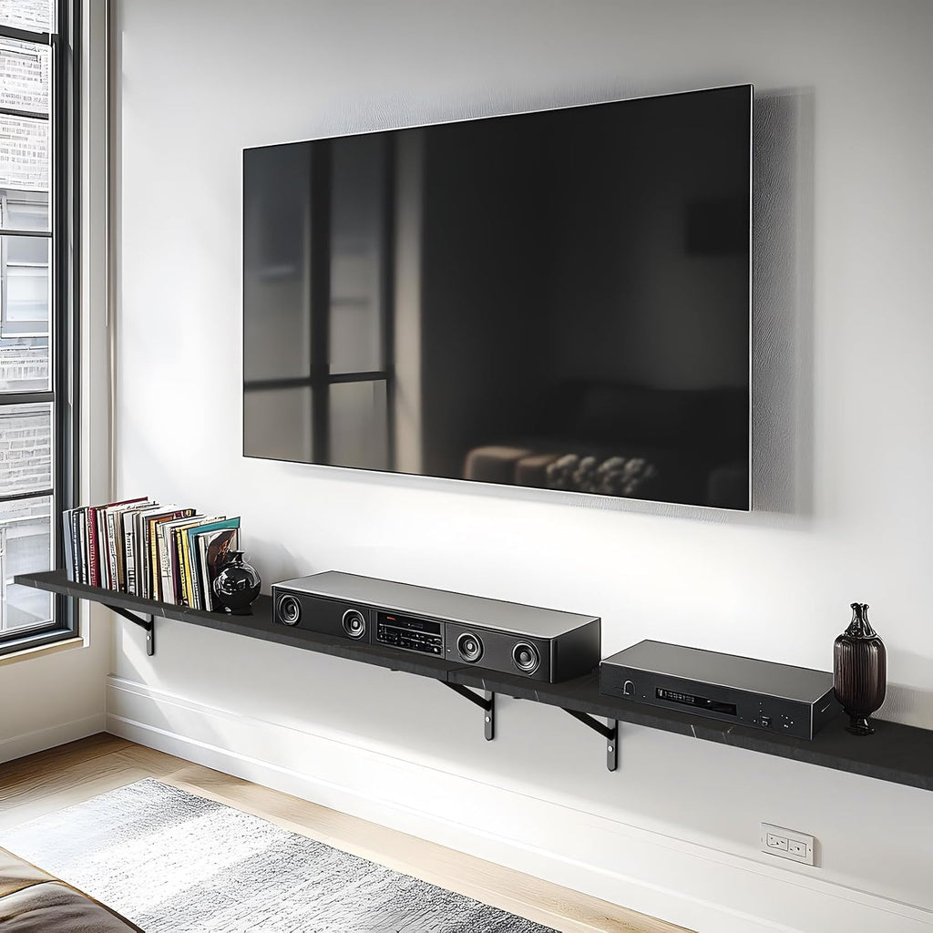 Kaboon 55 inch Long 10 inch Deep Floating Shelves for Wall Set of 2, Large Open Shelves Wall Mounted, Space Saving Home and Commercial Use, Cloud Atlas/Black Marble