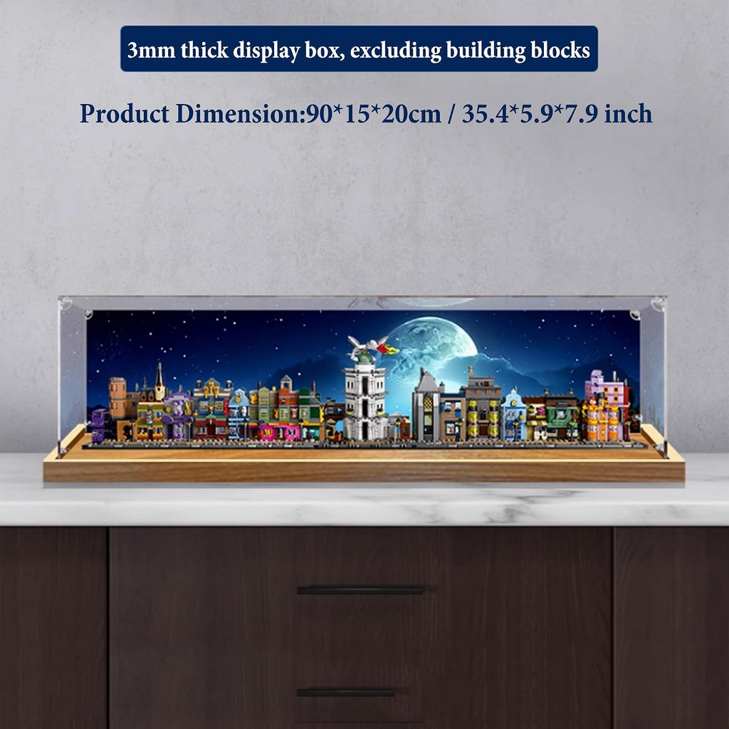 Acrylic Display Case for Lego 76444 Diagon Alley Building Set,Clear Display Case, Dust-Proof Display Case Compatible with Lego 76444 (Only Display Case) (Background,Wooden Base)