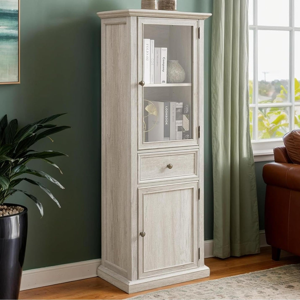 65' Tall Bookcase with Tempered Glass Door, Elegant Freestanding Display Cabinet with Drawer, Modern Wooden Kitchen Pantry Storage Cabinets for Living Room/Office(White)