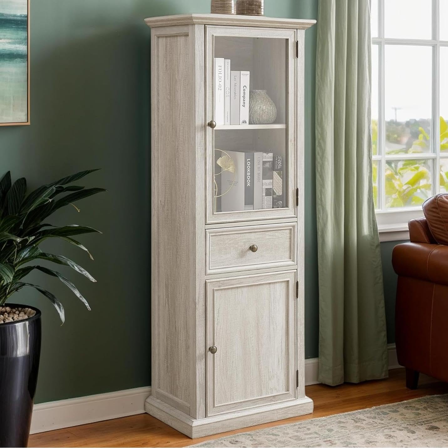 65' Tall Bookcase with Tempered Glass Door, Elegant Freestanding Display Cabinet with Drawer, Modern Wooden Kitchen Pantry Storage Cabinets for Living Room/Office(White)