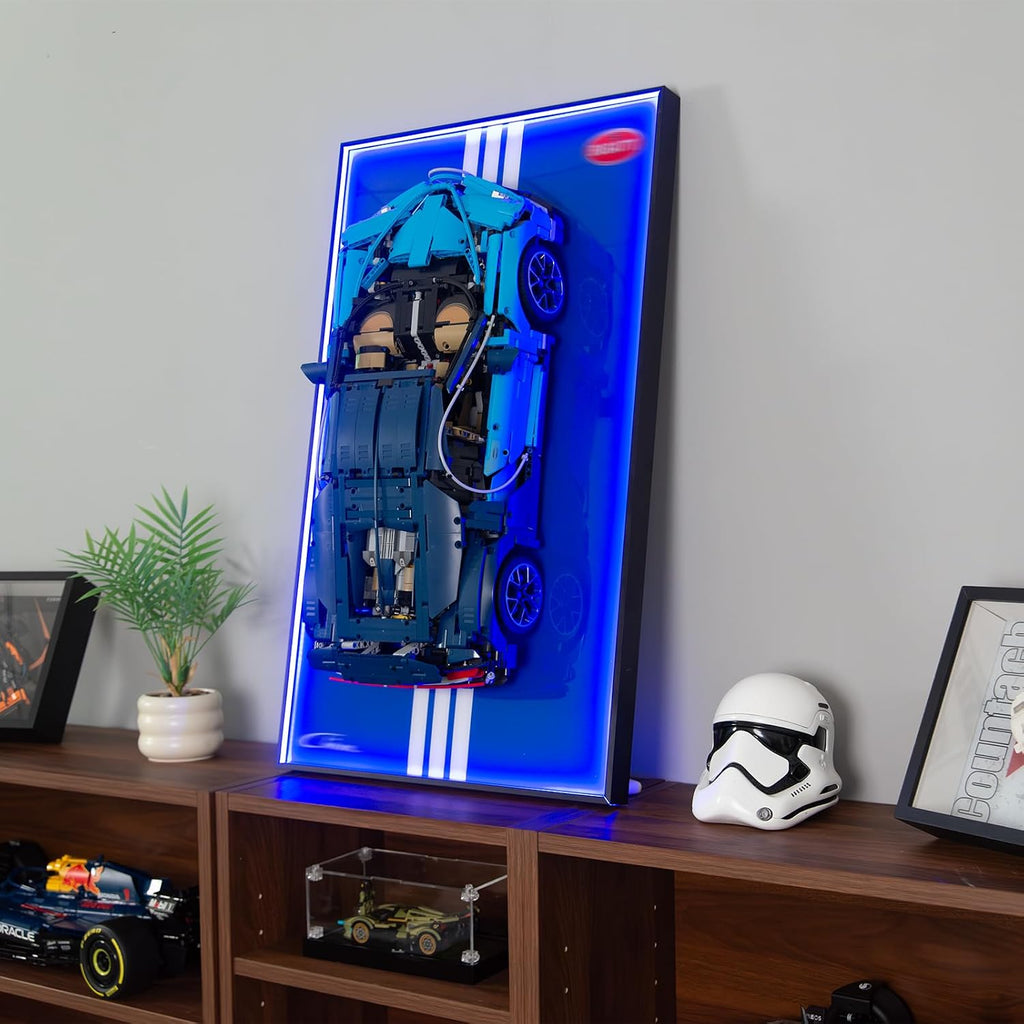 Display Wallboard with RGB LED Lights Compatible with Lego Technic Bugatti Chiron 42083 Race Car Building Kit and Engineering Toy - Adult Collectibles Wall Mount for Home or Office Décor