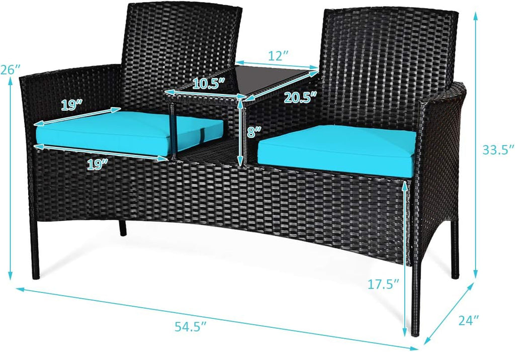 Tangkula Wicker Patio Conversation Furniture Set, Outdoor Furniture Set with Removable Cushions & Table, Tempered Glass Top, Modern Rattan Bench for Garden Lawn Backyard