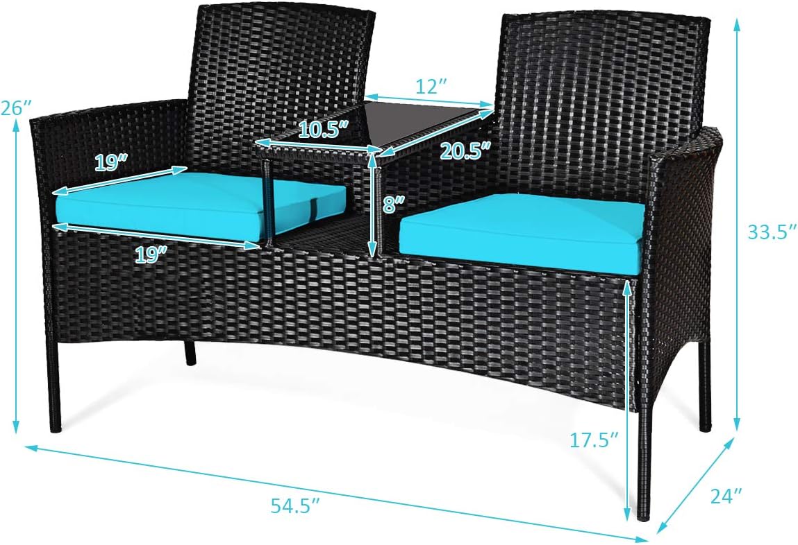 Tangkula Wicker Patio Conversation Furniture Set, Outdoor Furniture Set with Removable Cushions & Table, Tempered Glass Top, Modern Rattan Bench for Garden Lawn Backyard