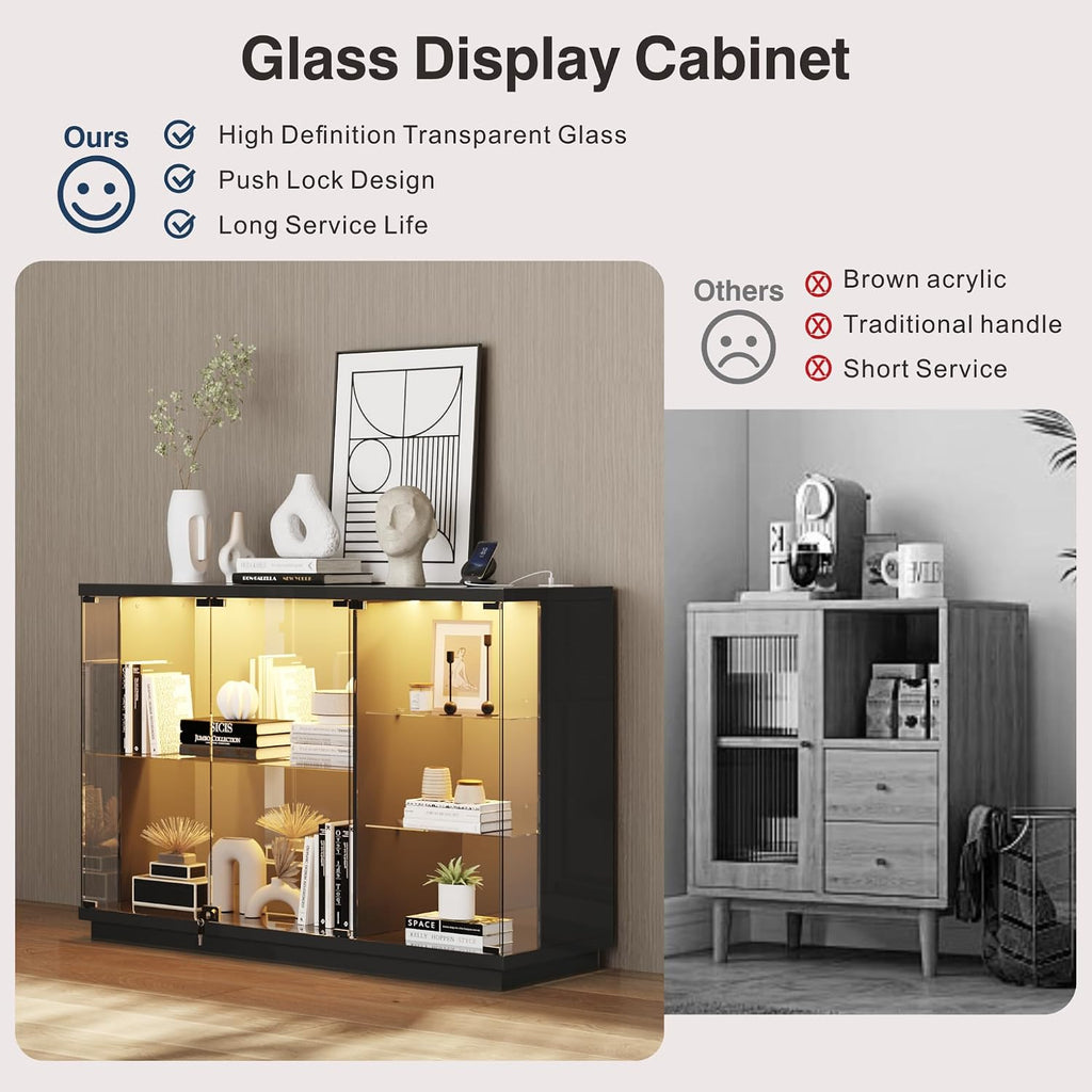 Lvifur High Gloss Display Cabinet - with Lock & LED Light, Curio Cabinet with Human Body Sensor & Glass Shelves for Toys, Books, Collectibles, Liquor, Bookcase for Living Room, Kitchen, Study, Black