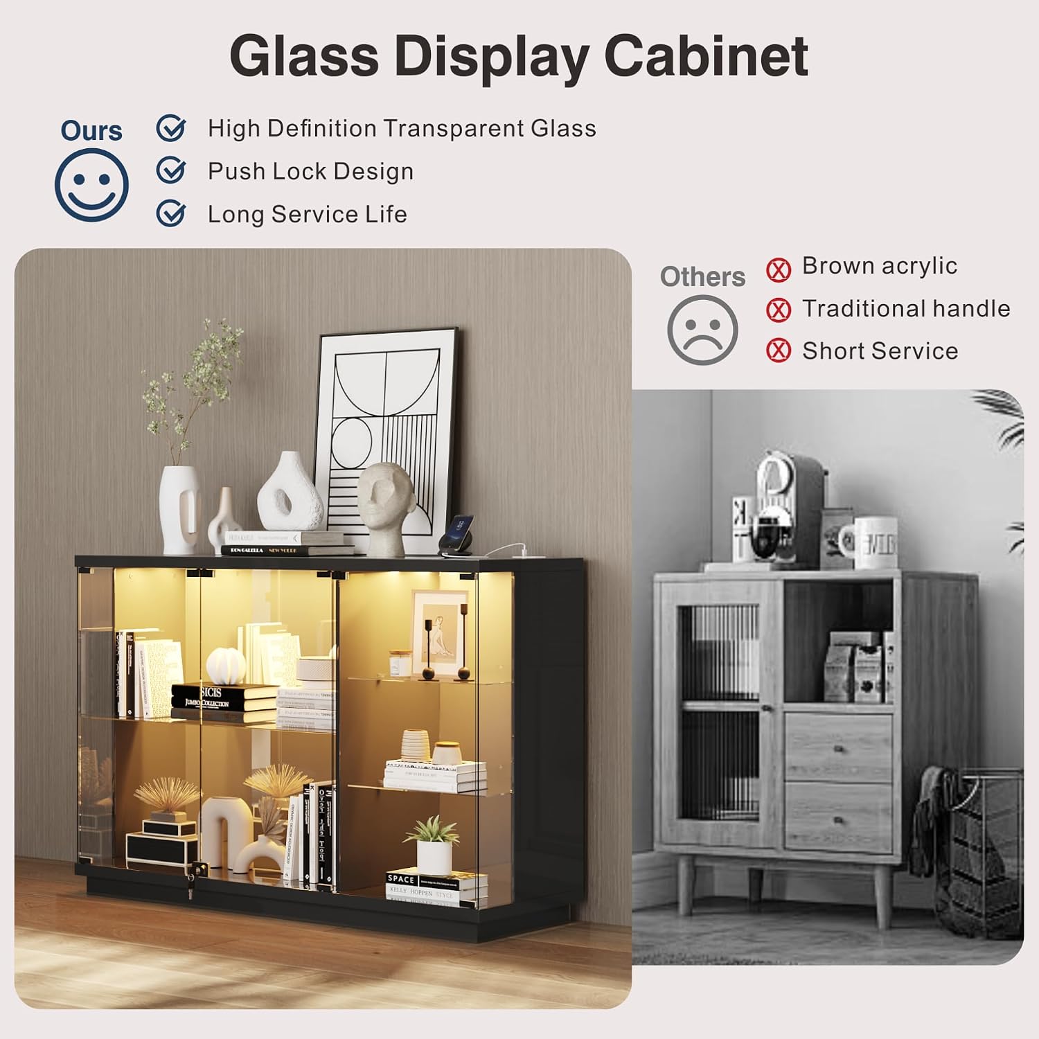 Lvifur High Gloss Display Cabinet - with Lock & LED Light, Curio Cabinet with Human Body Sensor & Glass Shelves for Toys, Books, Collectibles, Liquor, Bookcase for Living Room, Kitchen, Study, Black