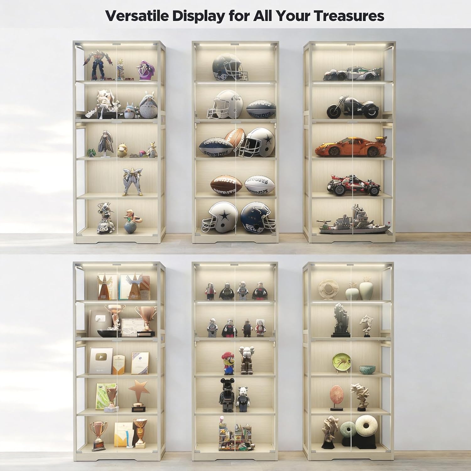 Glass Display Cabinet, 5-Tier Curio Cabinet with Glass Doors, Dimming LED Lights & Motion Sensor, for Collectible Figures, Living Room, Bedroom, or Office (Iron Frame Beige)