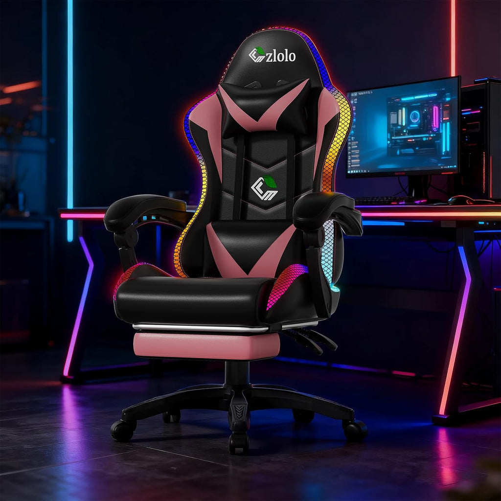 Czlolo Gaming Chair, Racing Style RGB LED Lights Gaming Chairs for Adults and Kids, Lumbar Massager Gamer Chair, High Back Reclining Computer Chair with Footrest and Headrest (Black/Pink)