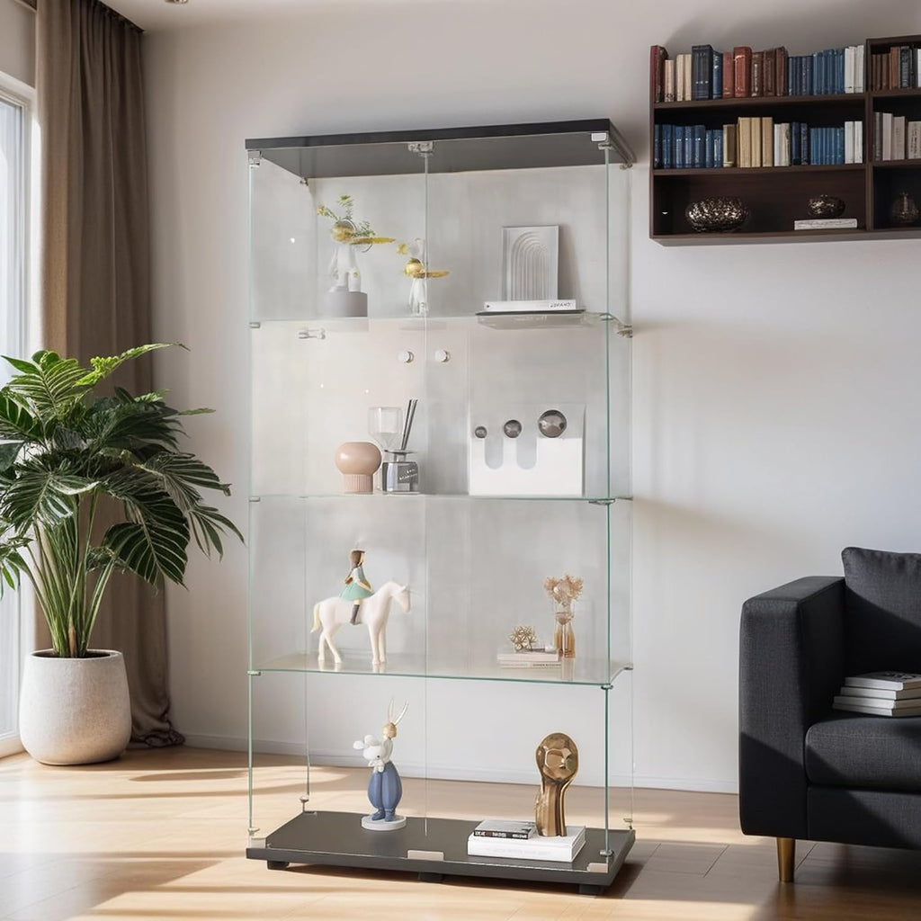 Modern 4-Tier Shelf Glass Curio Collection Display Case Cabinet with 2 Door in Clear, Showcase with Lock for Collectibles, Trophy, Action Figure 31' W x 14.3' D x 64.5' H