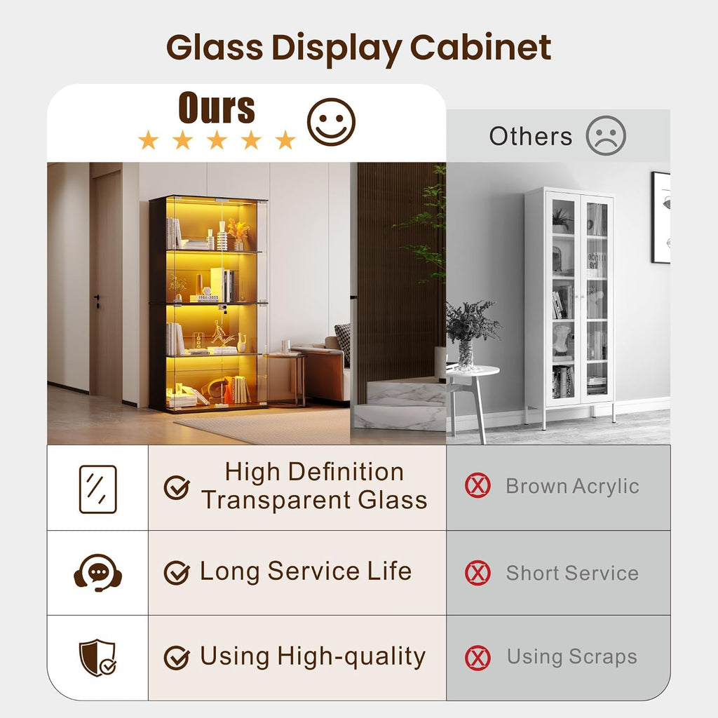 Lvifur Display Cabinet with Glass Doors, 66' Curio Cabinet with Lockable, 4-Tier Bookcase with 3 Color Lights for Collectibles, Storage Cabinets with Human Body for Books, Toys, Black