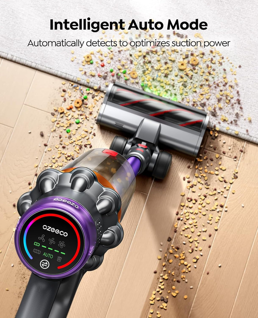 Cordless Vacuum Cleaner, 650W/55KPA/70Mins Vacuum Cleaners for Home, Self-Standing Stick Vacuum with Wall Mount Charging and Auto Mode, Touch Screen, Vacuum Cordless for Pet Hair/Carpet/Floor