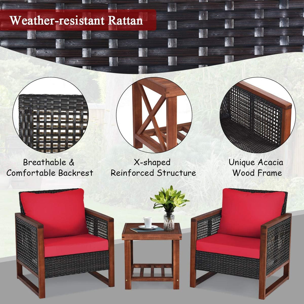 Tangkula 3 Pieces Patio Wicker Furniture Set, Rattan Outdoor Sofa Set w/Washable Cushion & Acacia Wood Coffee Table, Conversation Bistro Set for Garden Balcony Backyard (Red)