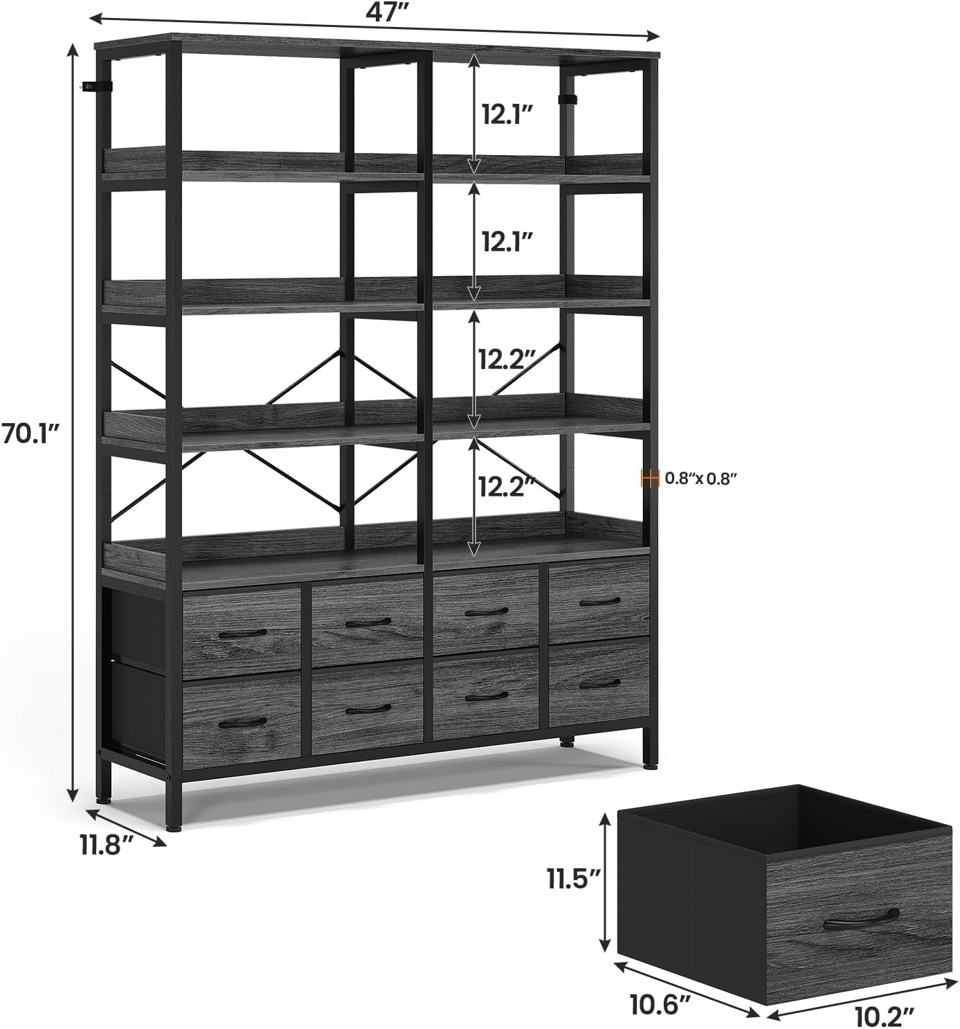 HAUOMS Bookshelf with 8 Fabric Drawers, 7-Tier Bookcase with Baffles Display Shelves, Industrial Large Book Shelf for Living Room Home Office, Grey