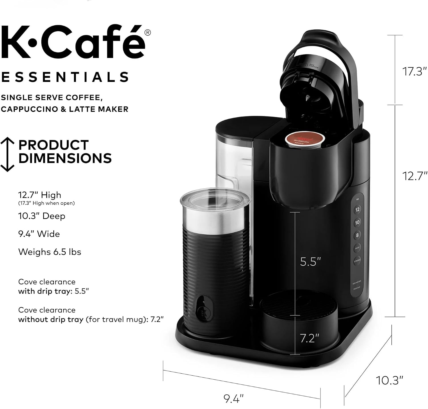 Single Serve Coffee Maker, Built-In Milk Frother, Latte & Cappuccino Brewer, Espresso Shot, 3 Brew Sizes, 42 oz Water Reservoir, Travel Mug Friendly, Auto-Off, Black, Compact Design